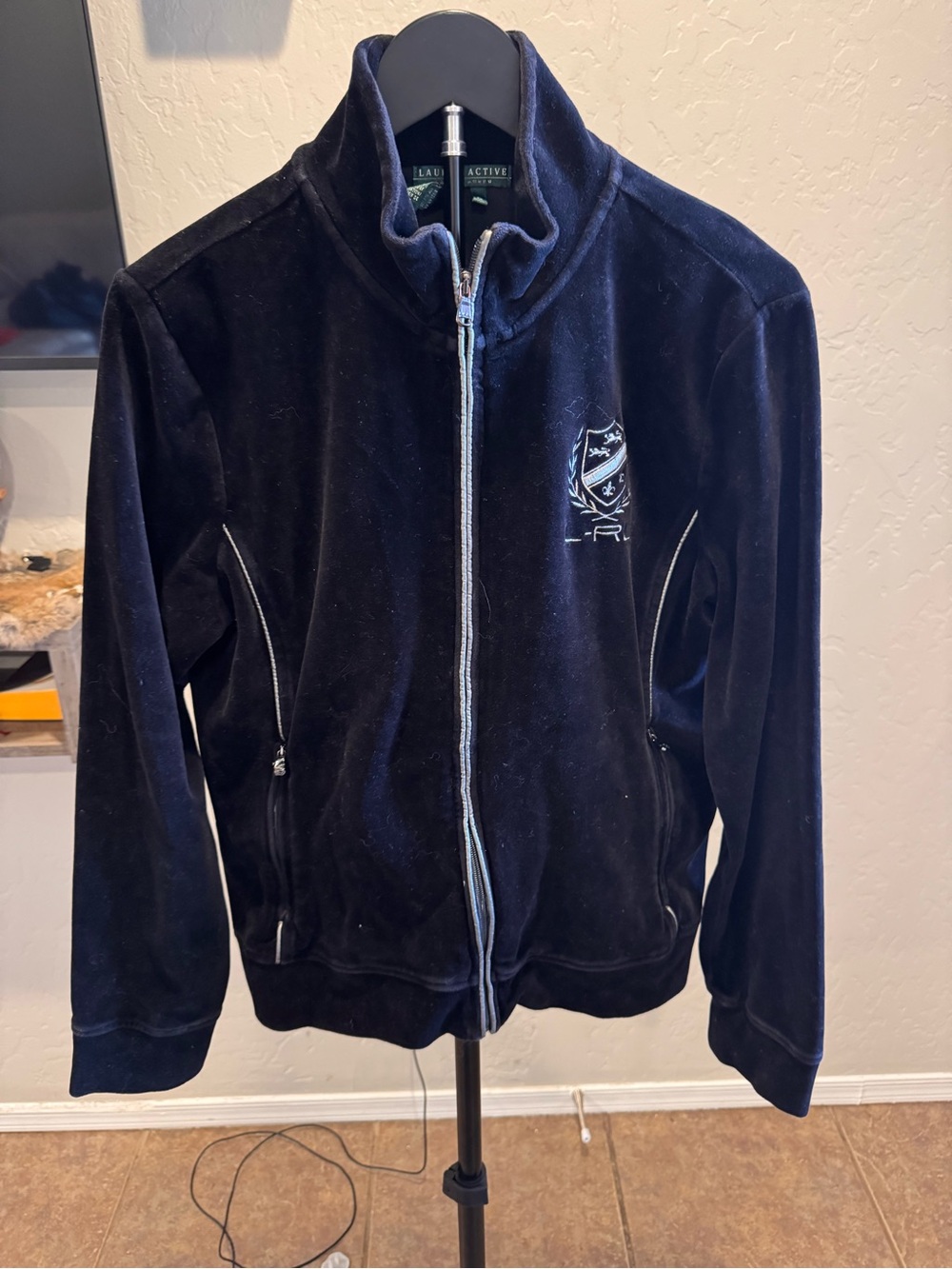 Y2K Lauren Ralph Lauren Black Velour Zip-Up Jacket with Silver Trim